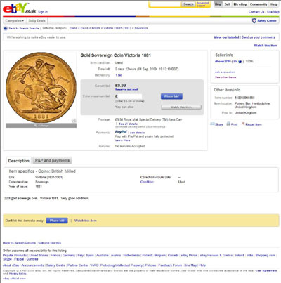 sheen2780  eBay Listing for Gold Sovereign 1881 Coin